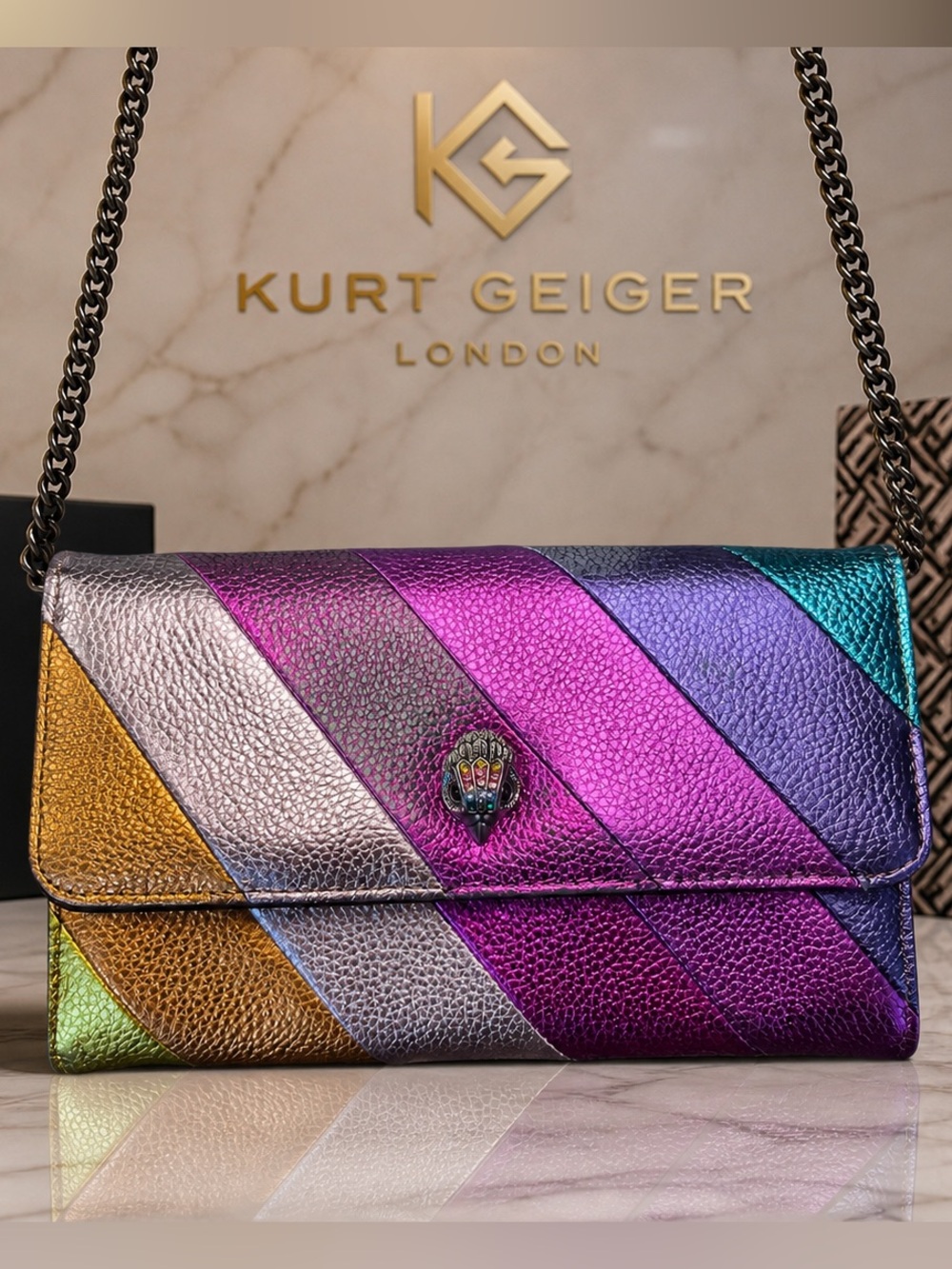 Kurt Geiger London Kensington Metallic Rainbow Stripe Chain Wallet Bag